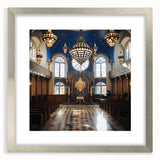 Abstract art print of a synagogue in muted gold and silver tones on a framed canvas, suitable for dining room decor.