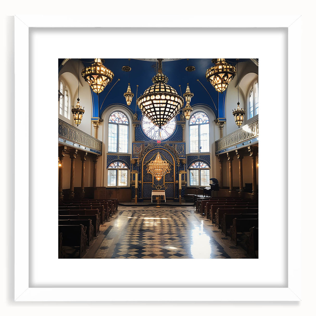 Extra large abstract art print of a synagogue in textured whites and grays, framed with a white mat.