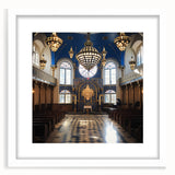 Extra large abstract art print of a synagogue in textured whites and grays, framed with a white mat.