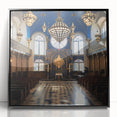 Large abstract wall art depicting a synagogue in muted gray tones, framed in black acrylic.