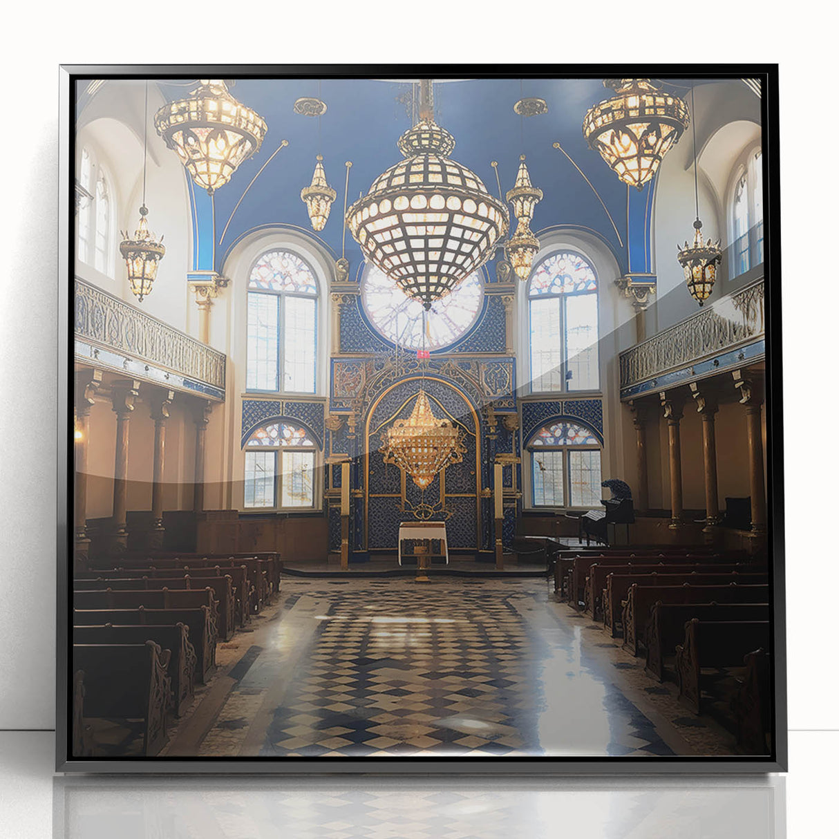 Large abstract wall art depicting a synagogue in muted gray tones, framed in black acrylic.