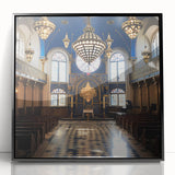 Large abstract wall art depicting a synagogue in muted gray tones, framed in black acrylic.