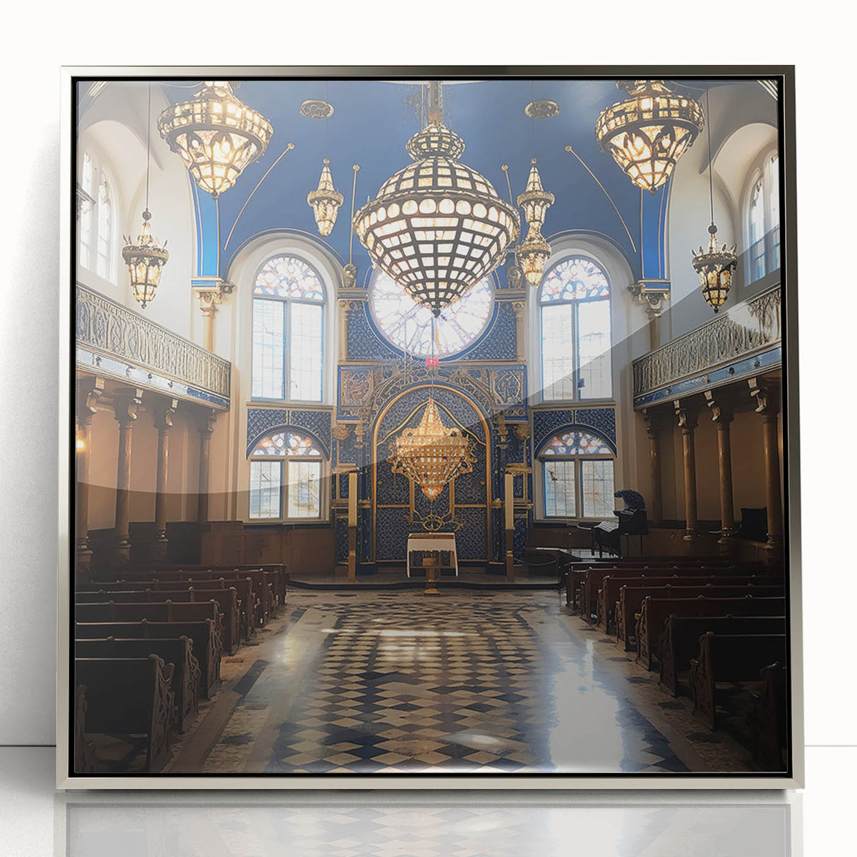 Art deco poster of a synagogue in muted silver and gray tones on framed acrylic, suitable for modern art wall decor.