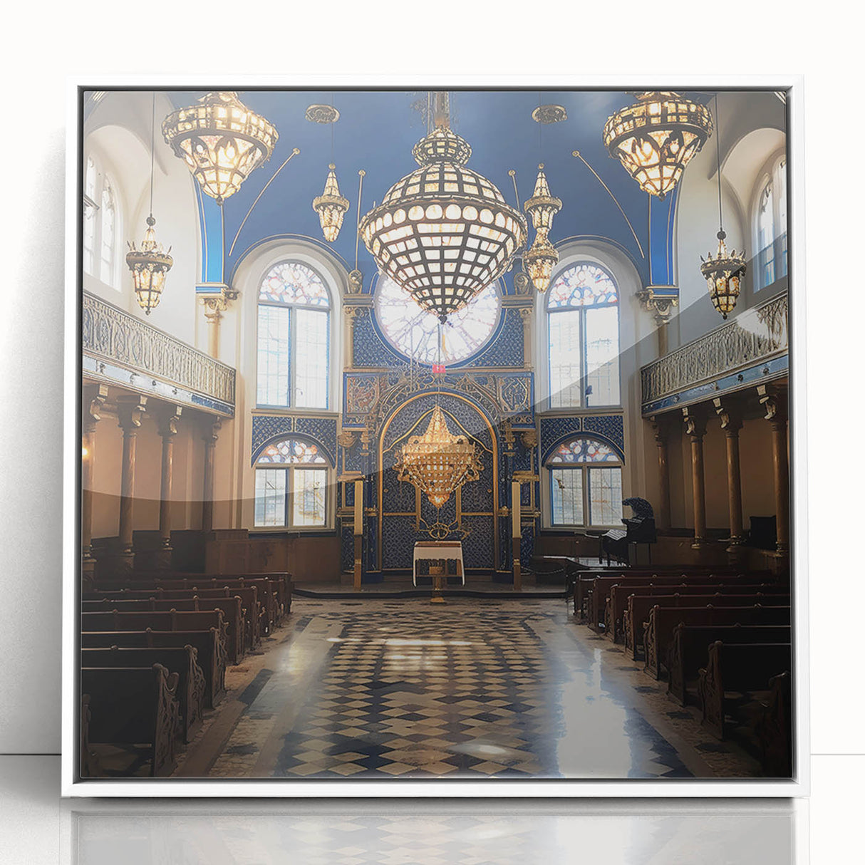 Mid-century modernist synagogue illustration in muted beige tones, framed acrylic, ideal for nursery wall decor.