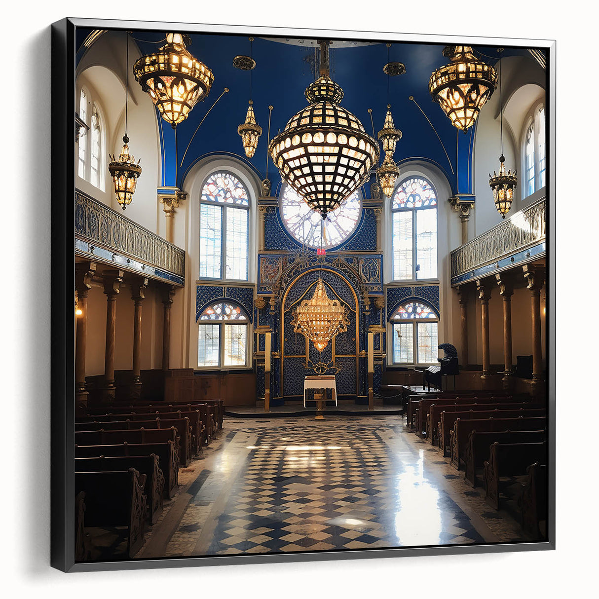 Black and white vintage poster art of a synagogue on framed canvas, ideal for bedroom landscape art.