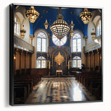 Black and white vintage poster art of a synagogue on framed canvas, ideal for bedroom landscape art.