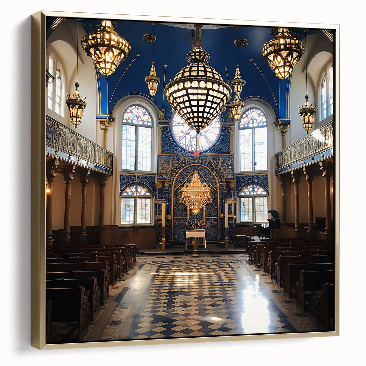 Framed canvas featuring a vintage poster art of a synagogue in a landscape, with silver and gold tones.