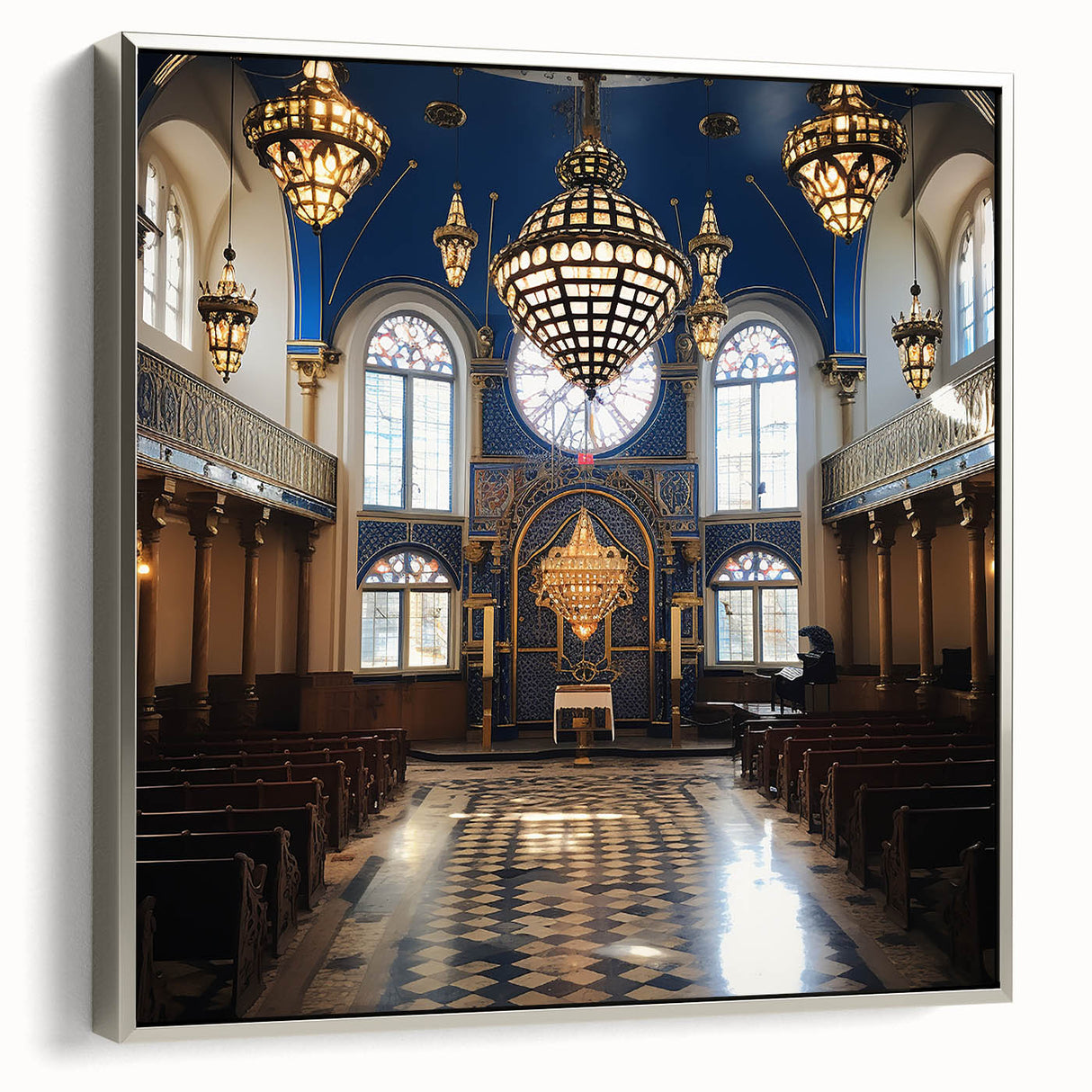 Vintage poster art of a synagogue in colorful hues on extra-large framed canvas, suited for living room decor.