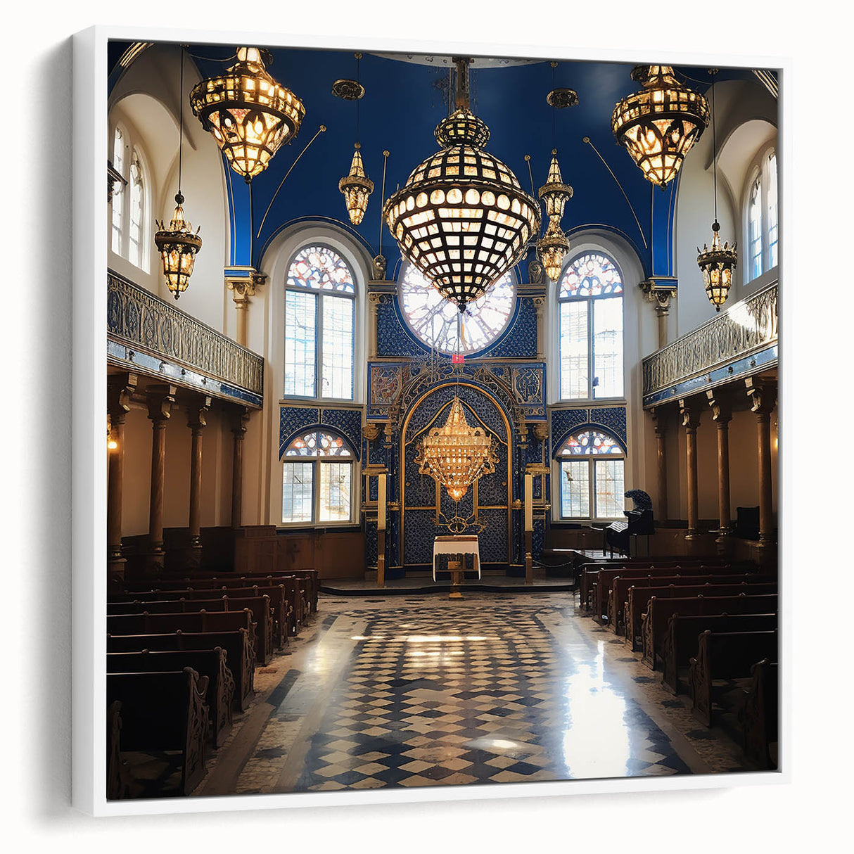Framed canvas featuring a vintage poster art style synagogue in black and white, ideal for bedroom wall art.