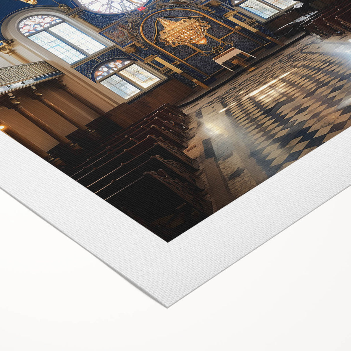Art deco poster of a synagogue in muted gold and blue tones on rolled canvas, suitable for dining room wall art.