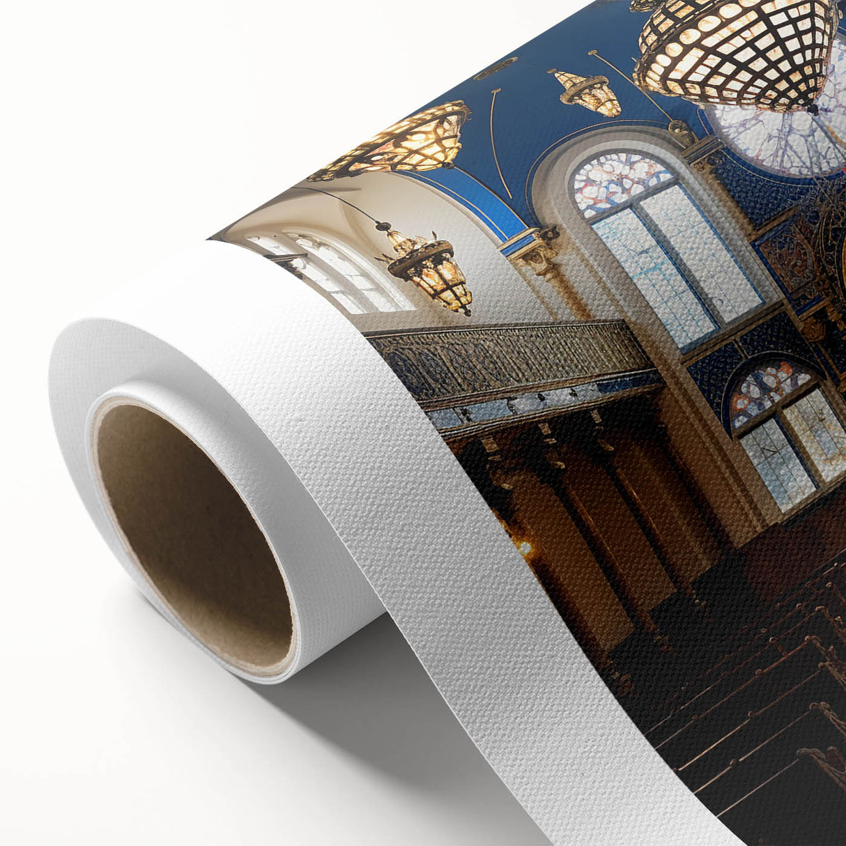 Art deco poster of a synagogue in pastel shades on rolled canvas, ideal for nursery wall art.