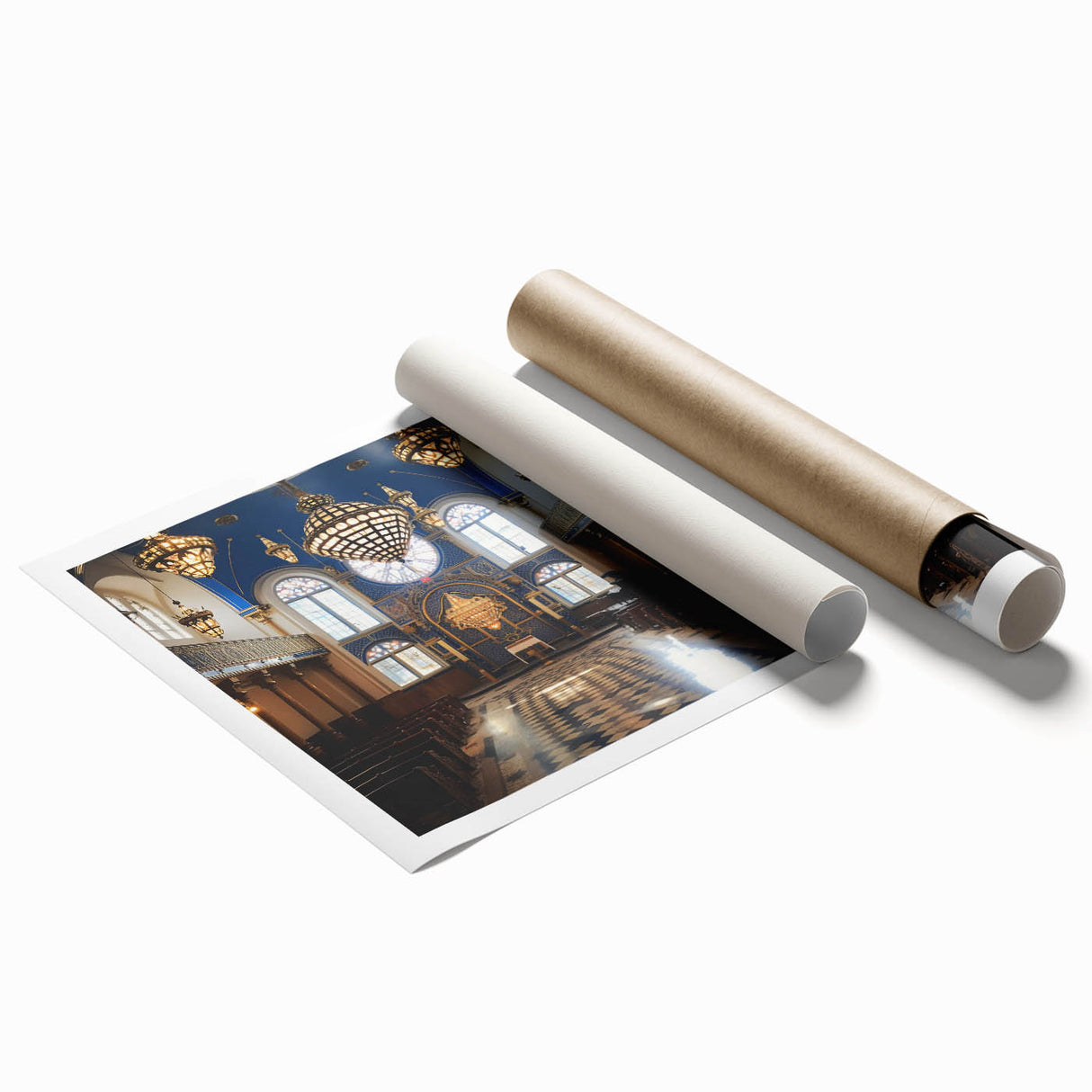 Extra large rolled print of a floral synagogue design in muted earth tones, suitable for classy bathroom wall art.