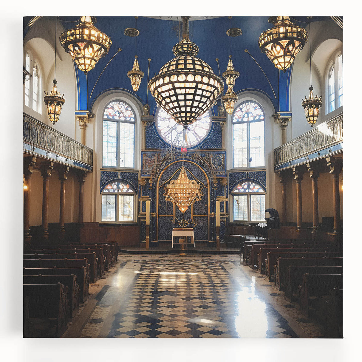 Black and white photo of a synagogue on stretched canvas, ideal for kitchen wall art.