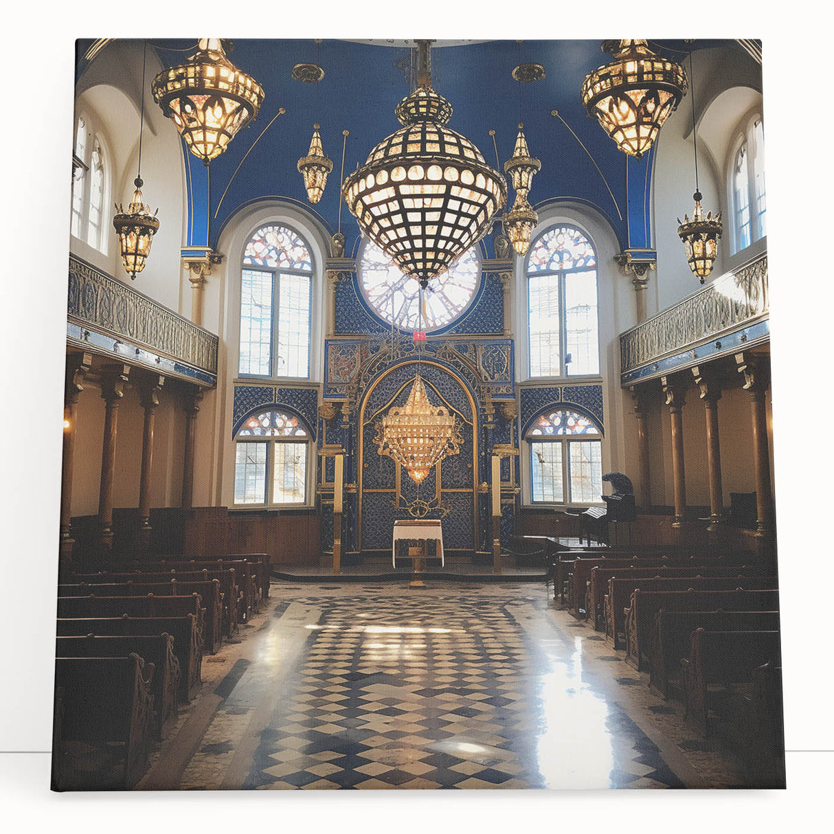 Black and white stretched canvas featuring a detailed synagogue design, suitable as kitchen wall art or bedroom decor.