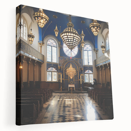 Large canvas print featuring a detailed synagogue design in muted earth tones, ideal for kitchen wall art.
