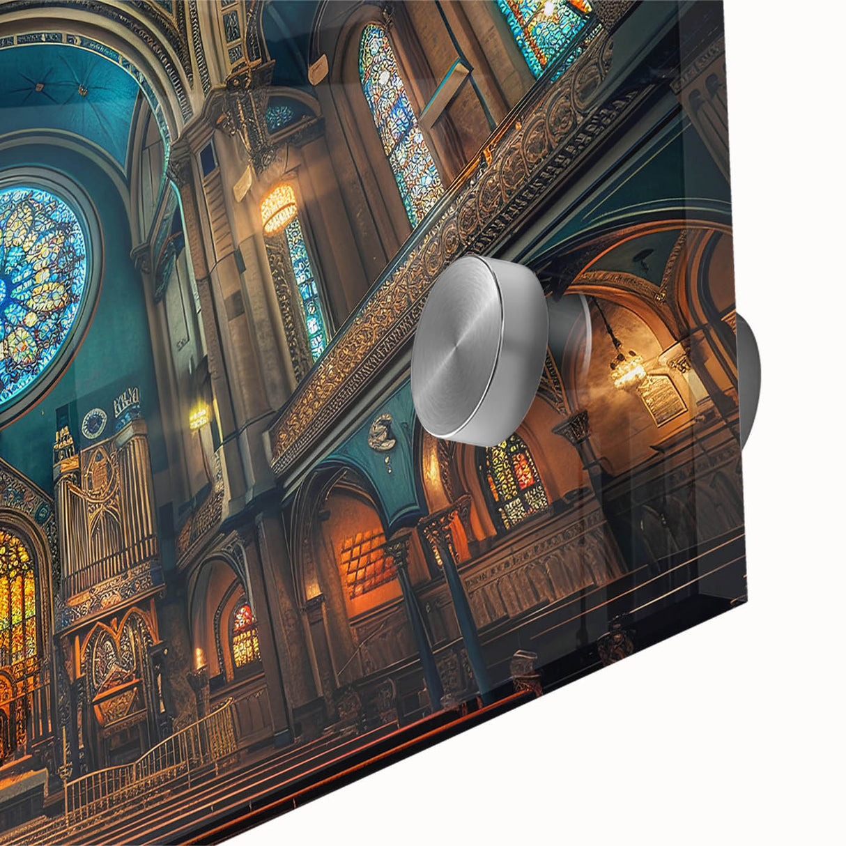Large abstract wall art of a synagogue in mid-century modernist style, featuring muted earth tones on acrylic glass.