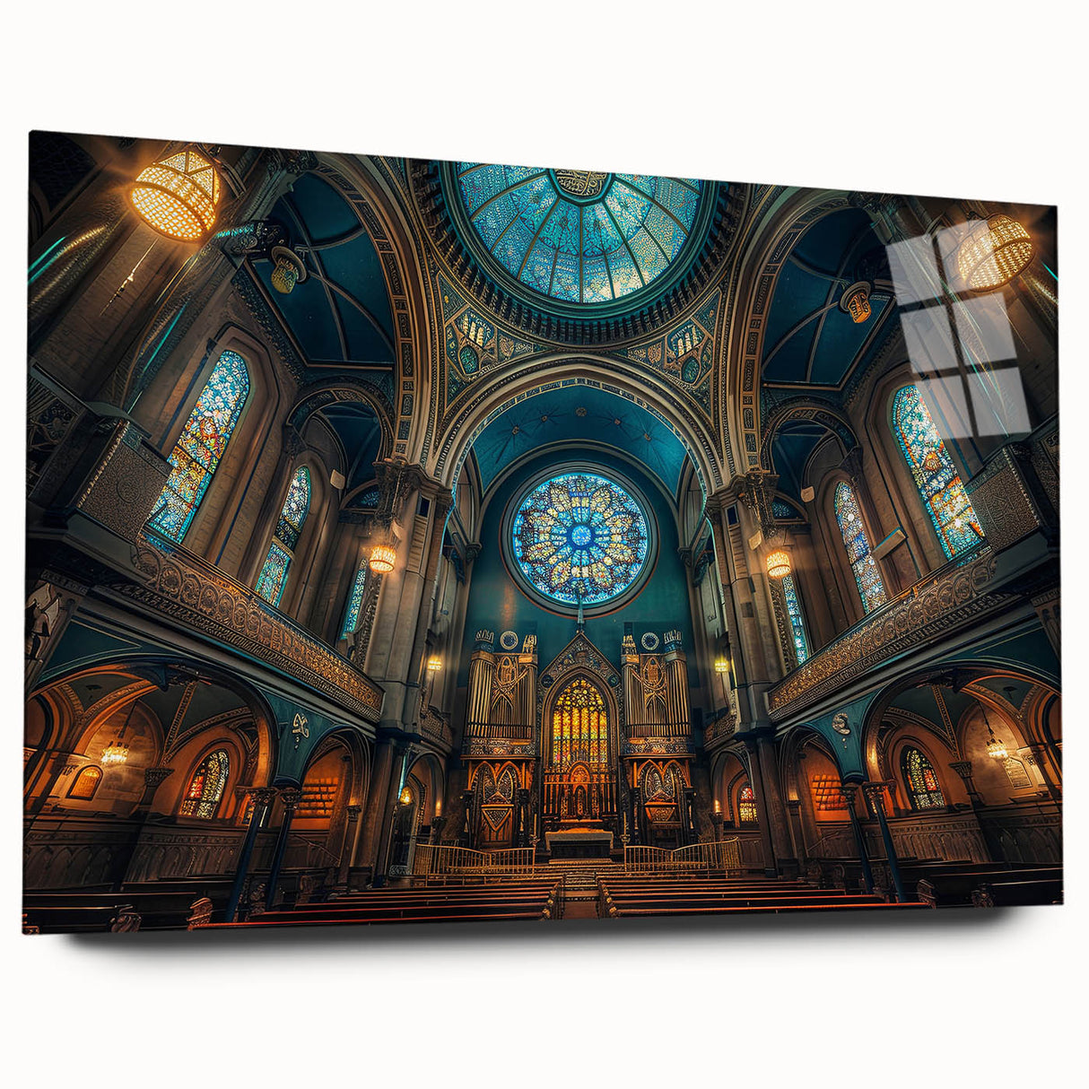Large abstract wall art of a synagogue in muted gray and blue tones on acrylic glass, ideal for bedroom or dining room decor.