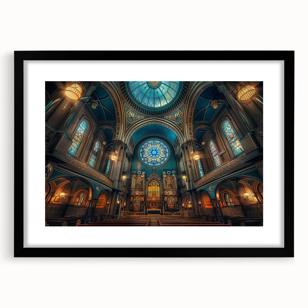 Abstract art print of a colorful synagogue in textured style, framed in black, ideal for living room decor.