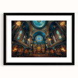 Abstract art print of a colorful synagogue in textured style, framed in black, ideal for living room decor.
