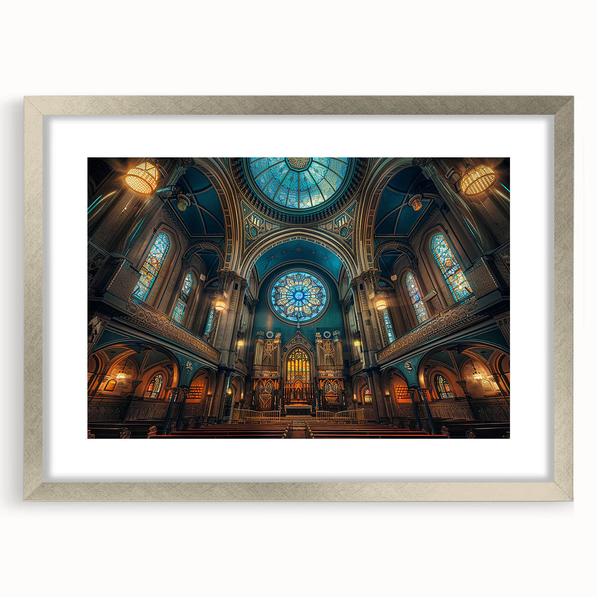 Abstract art print of a synagogue in muted gold and silver tones on a framed canvas, suitable for dining room decor.