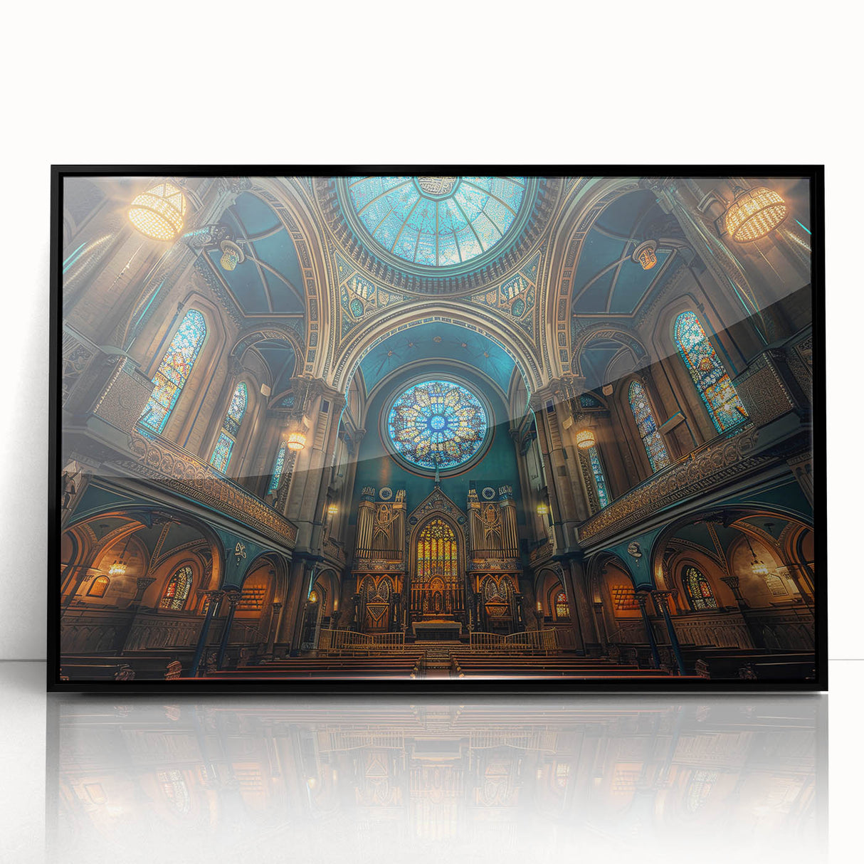Large abstract wall art depicting a synagogue in mid-century modernist style with muted gray and black tones on framed…