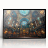 Large abstract wall art depicting a synagogue in mid-century modernist style with muted gray and black tones on framed…