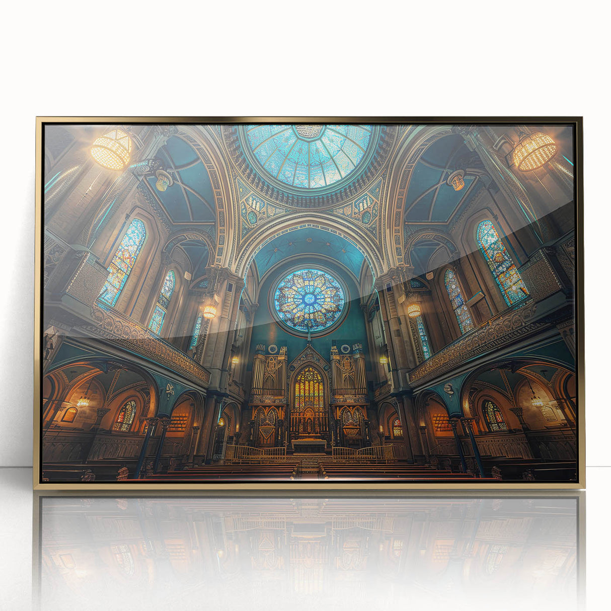 Mid-century modernist art depicting a synagogue, in gold and white tones on framed acrylic, suitable for nursery wall decor.