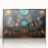 Mid-century modernist art depicting a synagogue, in gold and white tones on framed acrylic, suitable for nursery wall decor.