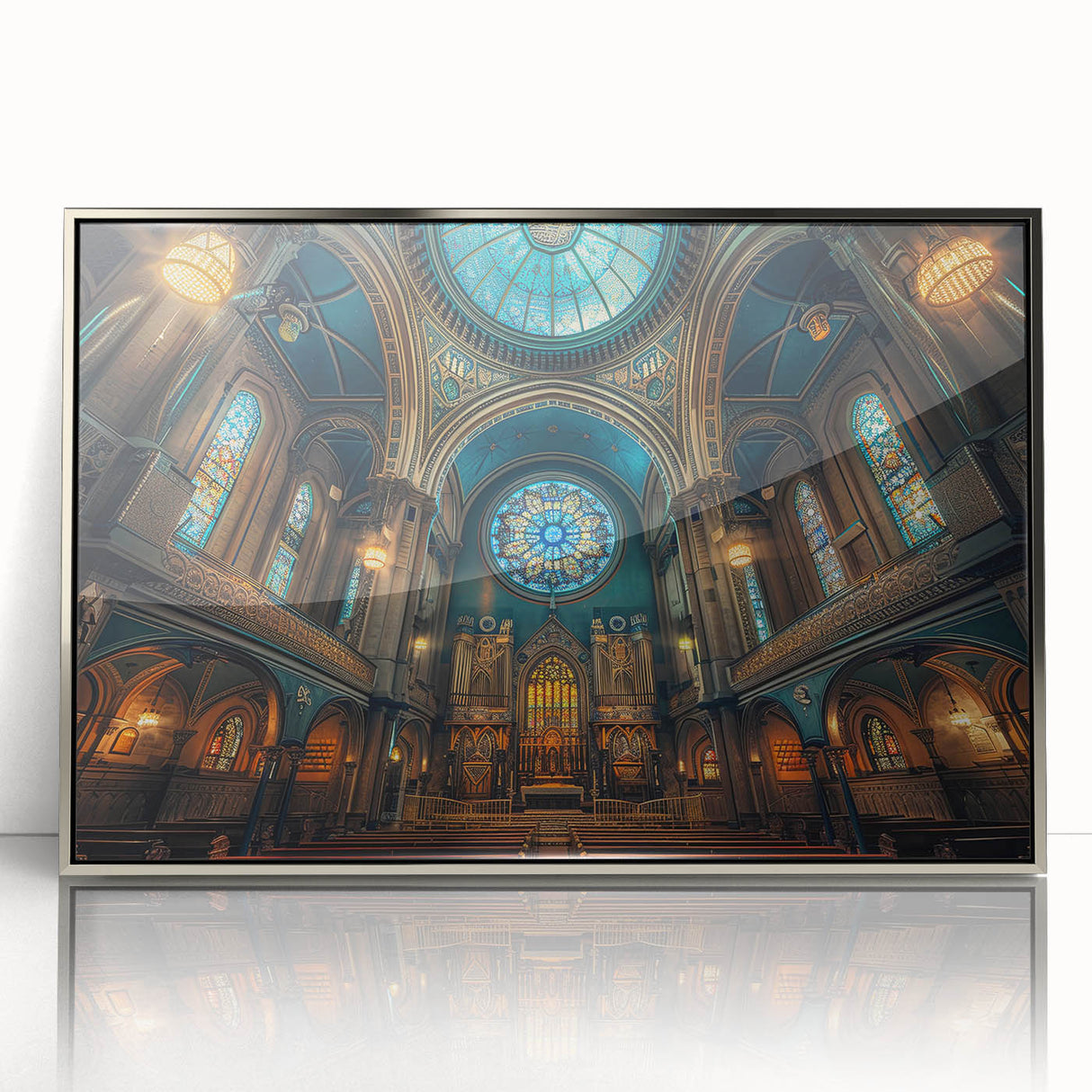 Art Deco poster of a synagogue in silver acrylic frame, featuring geometric patterns in cool gray tones.