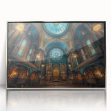 Art Deco poster of a synagogue in silver acrylic frame, featuring geometric patterns in cool gray tones.