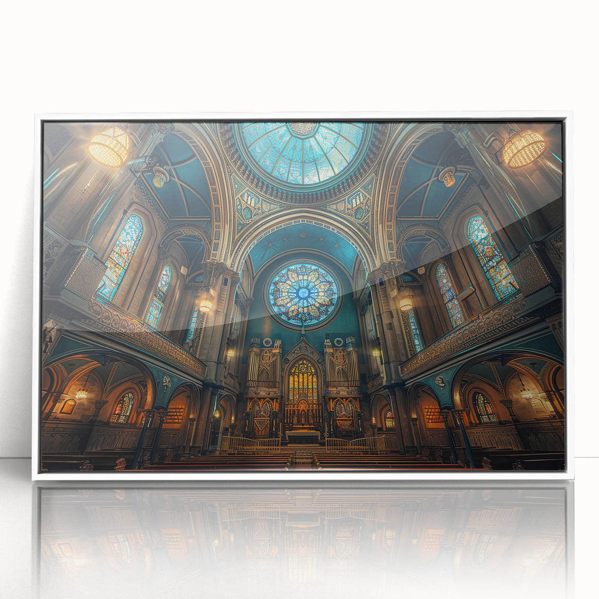 Mid-century modernist synagogue design in muted grays and whites on a large framed acrylic print.
