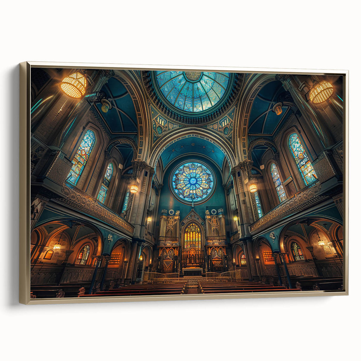 Landscape painting of a synagogue in vibrant colors on a framed canvas, ideal for living room decor.
