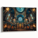 Vintage poster art of a synagogue in colorful hues on a large framed canvas, ideal for living room decor.