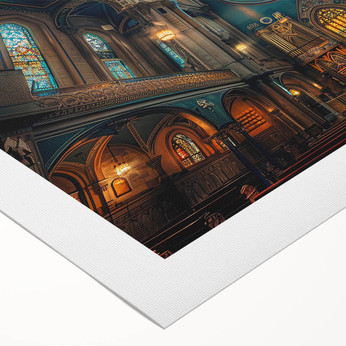 Art deco poster of a synagogue, featuring geometric patterns and earthy tones on rolled canvas.