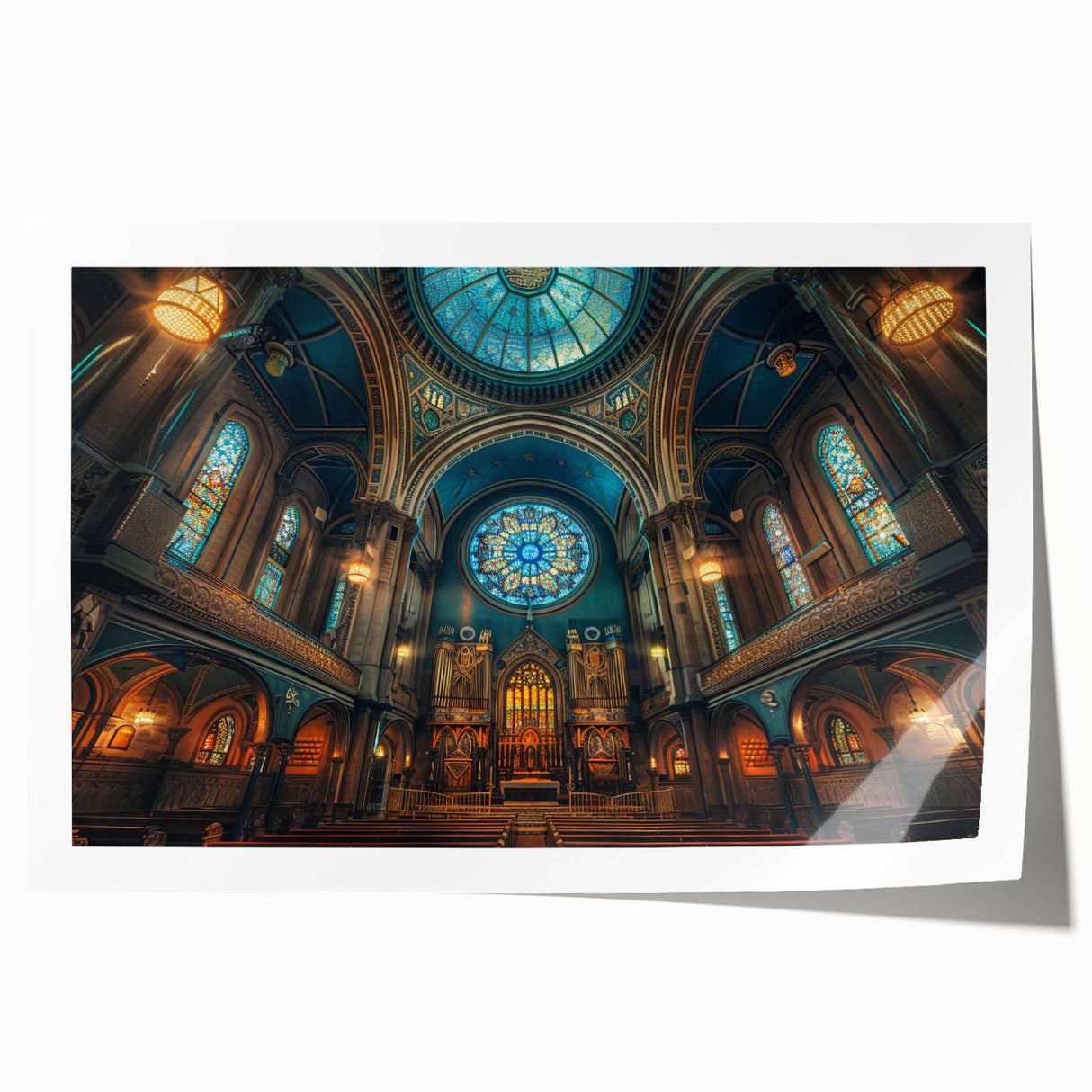Rolled print of a floral synagogue design in muted pastel shades, suitable for art wall dining room placement.