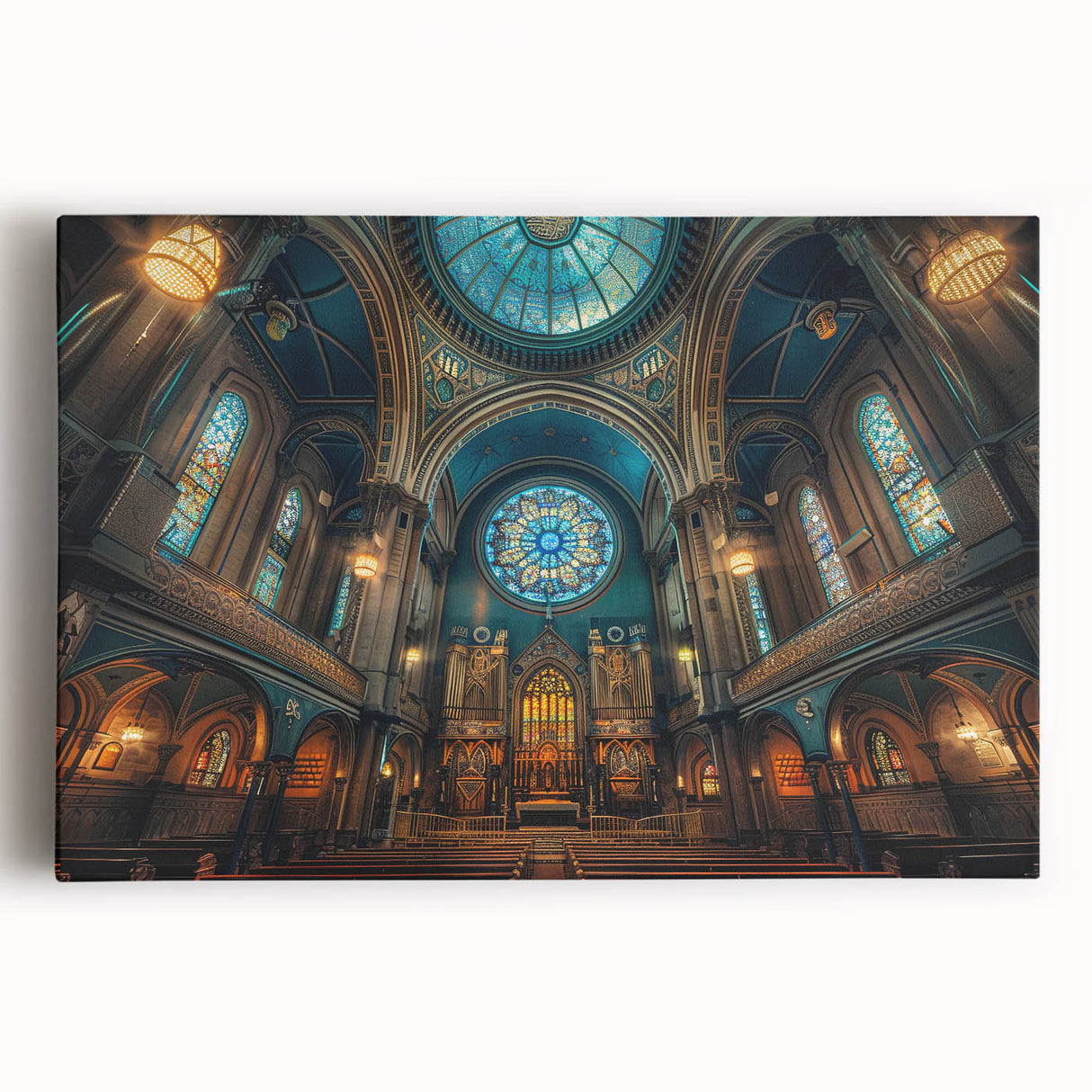 Black and white large art print of a synagogue, on stretched canvas, ideal for kitchen wall art.