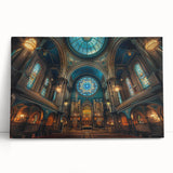 Black and white stretched canvas featuring a large synagogue design, ideal for kitchen wall art or bedroom decor.
