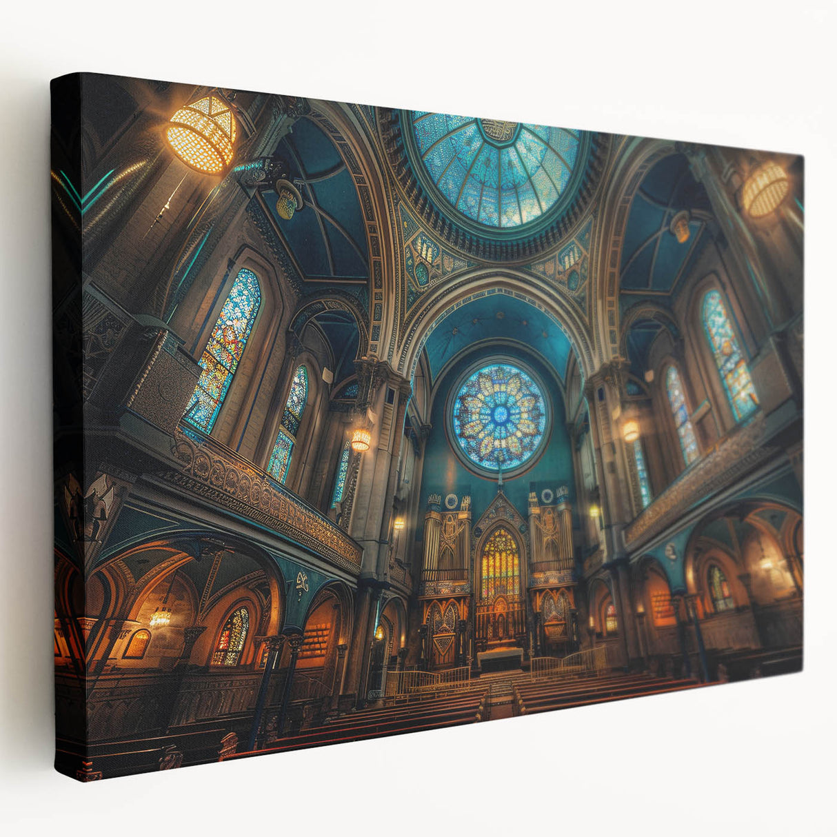 Side view of a stretched canvas featuring a detailed synagogue design in muted earth tones, suitable for kitchen wall art.