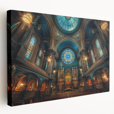 Side view of a stretched canvas featuring a detailed synagogue design in muted earth tones, suitable for kitchen wall art.