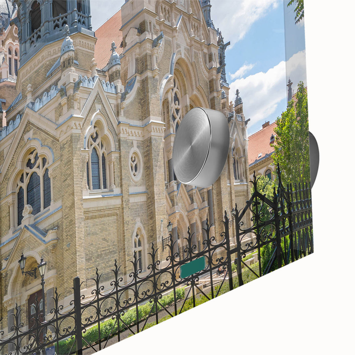 Mid-century modernist synagogue design in muted earth tones on large acrylic glass, ideal for dining room art.