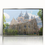 Art deco poster featuring a stylized synagogue in silver and gray tones on a framed acrylic.