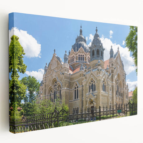 Large stretched canvas depicting a detailed synagogue design in muted earth tones, suitable for kitchen wall art.