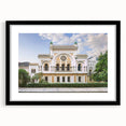 Abstract art print of a colorful, textured synagogue design in a large black frame, ideal for living room decor.