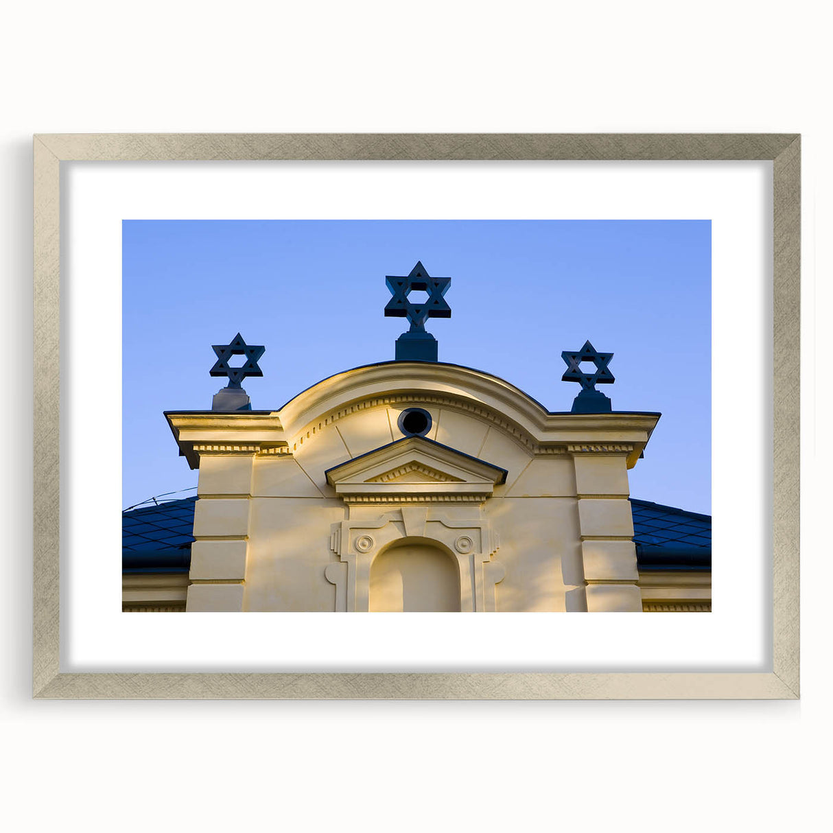 Abstract art print of a synagogue in muted silver and gray tones on a framed canvas, suitable for dining room decor.