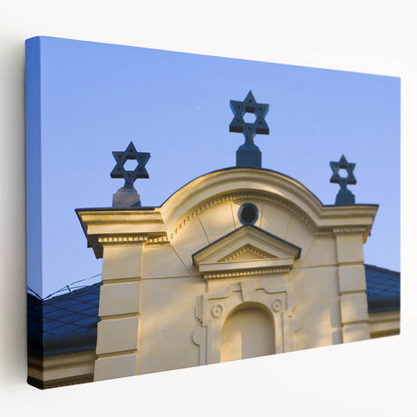 Large art print of a synagogue on stretched canvas, featuring neutral and earthy tones, ideal for kitchen wall art.