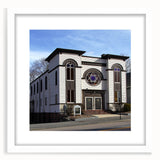 Extra large abstract art print of a textured synagogue design in muted earth tones, framed with a white mat.