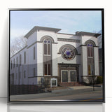 Large abstract wall art of a synagogue in mid-century modernist style, with muted gray and blue tones on a framed acrylic.