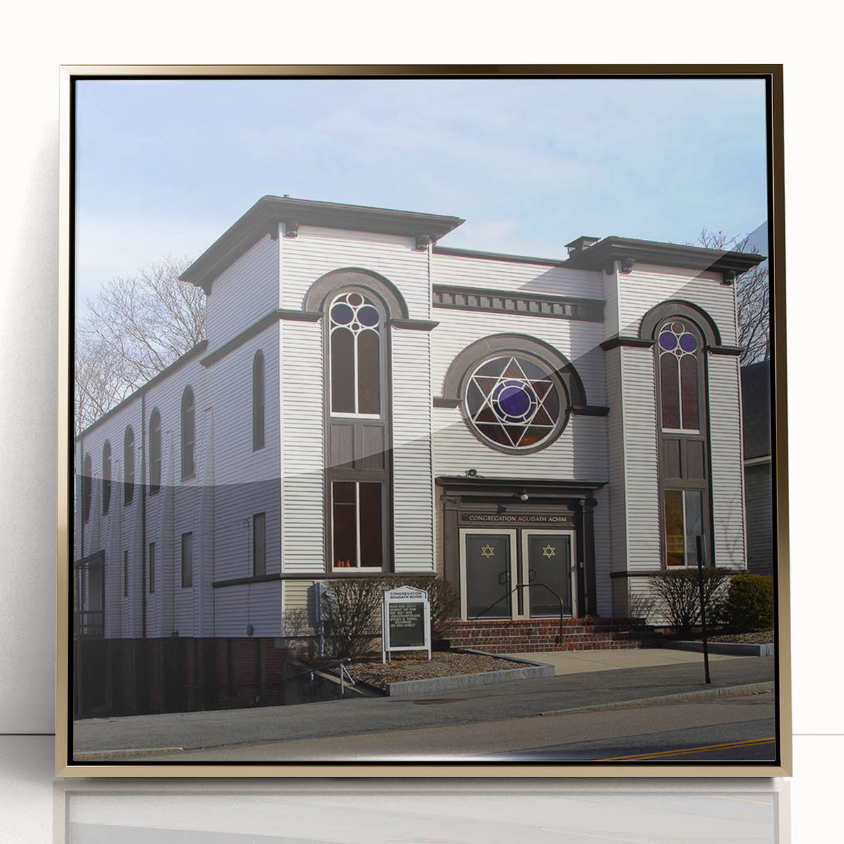 Mid-century modernist synagogue design in gold and blue tones on a framed acrylic, suitable for nursery wall art.