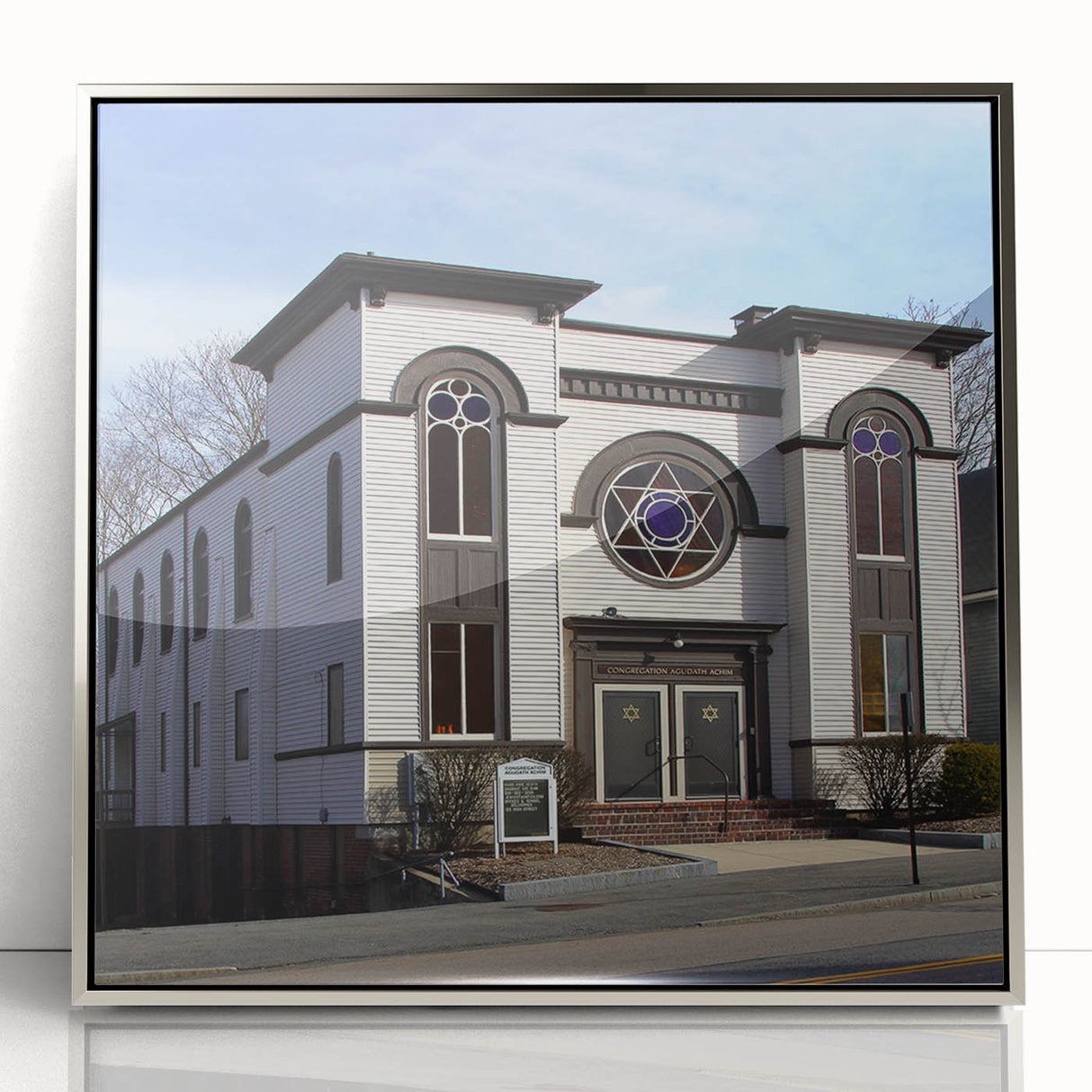 Art deco poster of a synagogue in muted silver and gray tones on a framed acrylic, ideal for modern art wall decor.