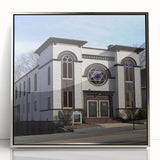 Art deco poster of a synagogue in muted silver and gray tones on a framed acrylic, ideal for modern art wall decor.